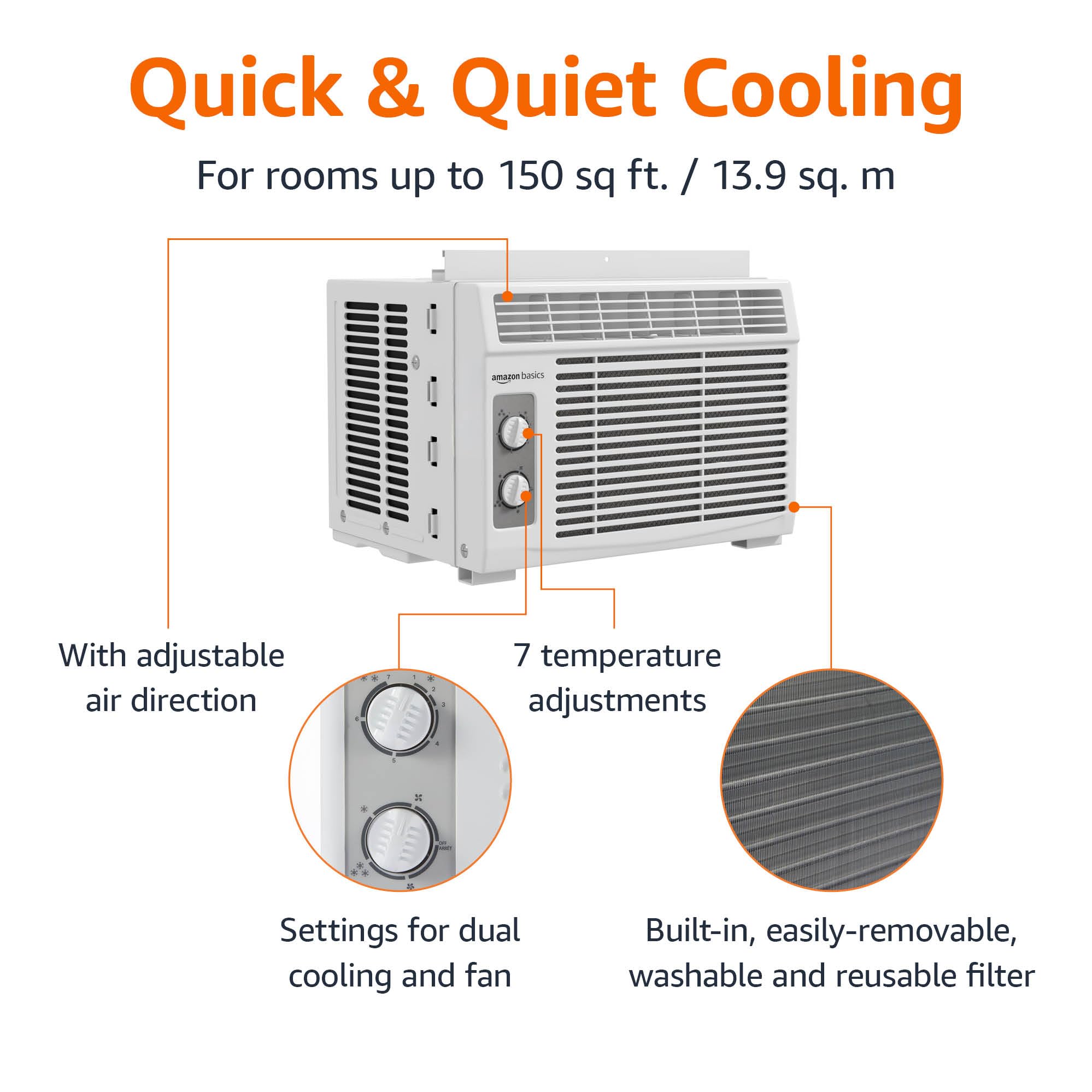 Amazon Basics 5000 BTU Window Air Conditioner - Quiet Operation For Small Rooms Up To 150 Sq Ft