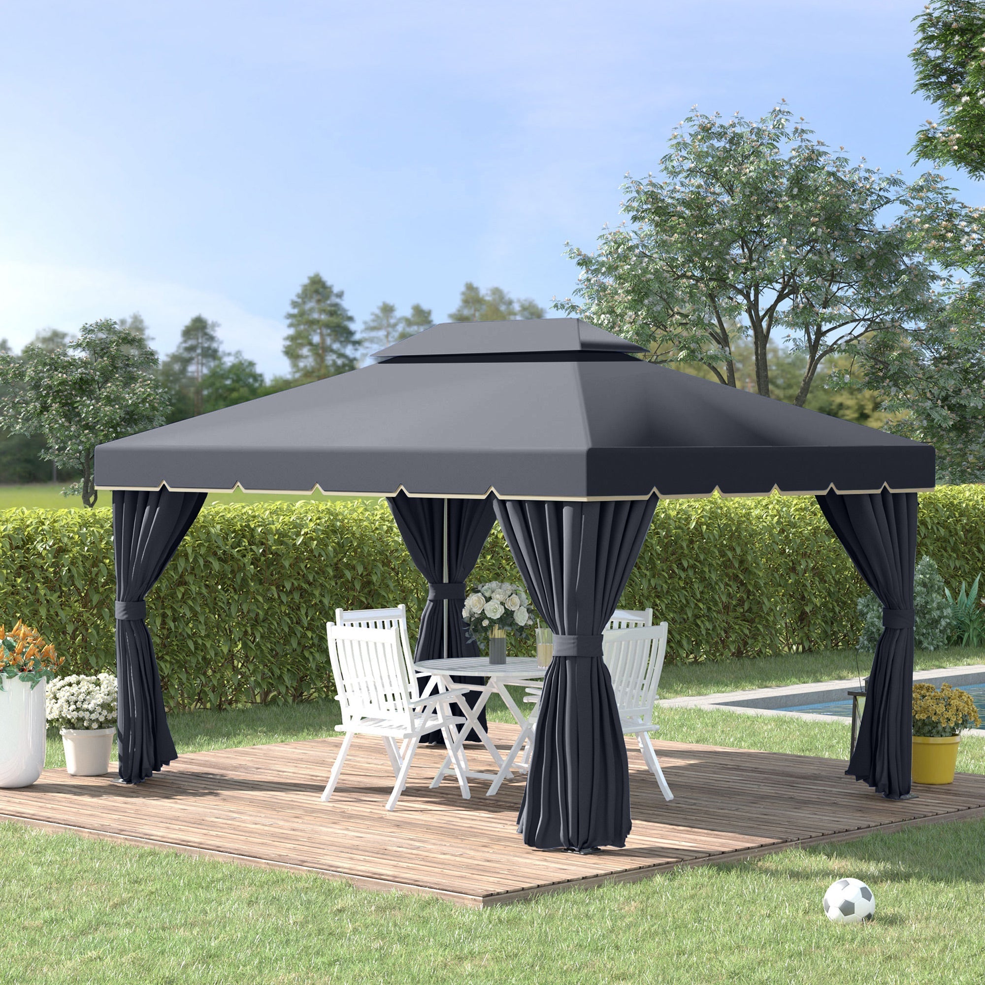 3 x 4m Aluminium Garden Gazebo, Pavilion Party Tent with Nets and Curtains, Light Grey